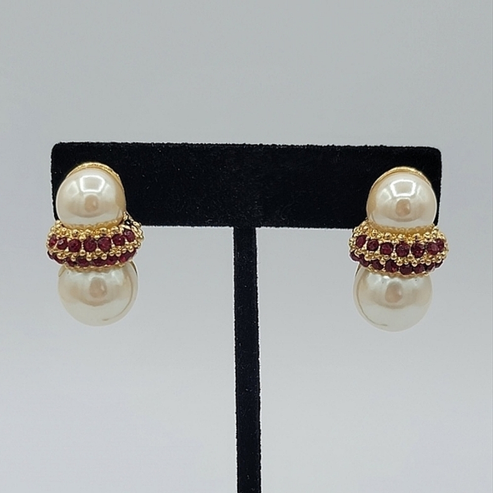 Vintage Richelieu Earrings Gold Tone Faux Pearl Red Crystal #874
